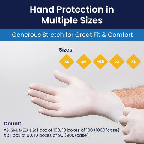 Top Tier Disposable Latex Exam Gloves 6 Mil Thick Powder Free, showing hand sizing options for medical and safety tasks.