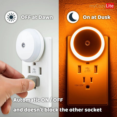 Amber Night Light Plug In Dusk To Dawn Sensor Night Light With Amber Glow And Blue Light Blocking shown in day and night