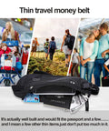 Hidden Travel Money Belt Wallet With RFID Blocking Slim Passport Holder Fanny Pack displaying compartments with passport and cards