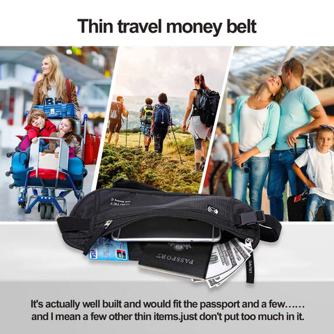 Hidden Travel Money Belt Wallet With RFID Blocking Slim Passport Holder Fanny Pack displaying compartments with passport and cards