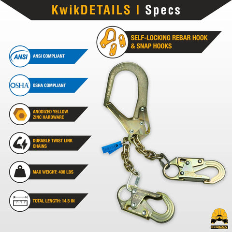 Rebar Romeo 29 Inch Steel Rebar Chain Assembly With Self Locking Hooks for hands-free positioning, ANSI OSHA rated, anodized zinc.