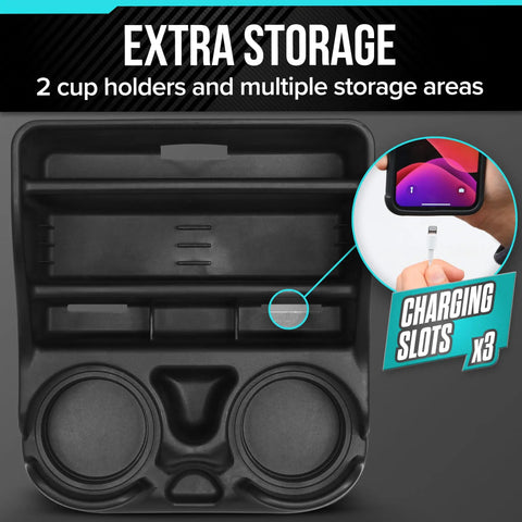 Center Console Organizer For Cars And Trucks Built For The Daily Commute With Dual Cup Holders Fits In Seat Or Floor Rear Mount Slots.