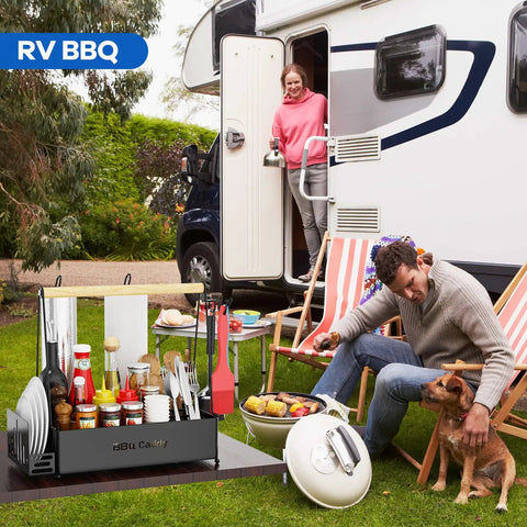Outdoor BBQ setup with Grill Caddy With Dual Paper Towel Holders, utensils, and condiments next to RV, seating area, and grill.