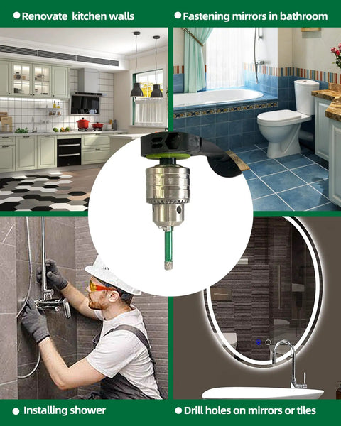 Top Tier Diamond Drill Bit Kit With Quick Fit Hex Shank And Ph2 Screwdriver Bits For Cruising Through Ceramic Tile Porcelain Granite And Marble Like A Boss In 12 Piece, focusing on drill bit in use.