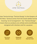 Text about Apis Tactical emphasizing tactical design for beekeeping with icons representing design, quality, and protection.