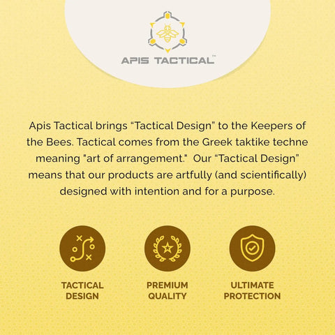 Text about Apis Tactical emphasizing tactical design for beekeeping with icons representing design, quality, and protection.