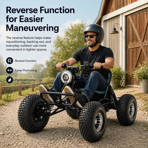 Man riding Trail Ready Electric Go Kart For Adults With 4000W Peak Power And 31 MPH Top Speed Off Road Suspension