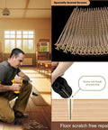 Man using Hardwood Floor Squeak Fix Kit With Squeak No More Tech, Includes 5 Tools And 50 Notched Screws for floor repair.