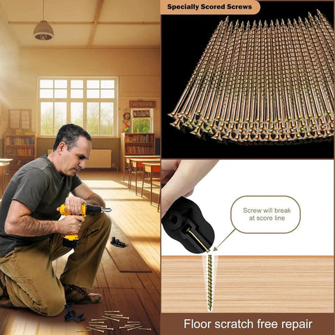 Man using Hardwood Floor Squeak Fix Kit With Squeak No More Tech, Includes 5 Tools And 50 Notched Screws for floor repair.