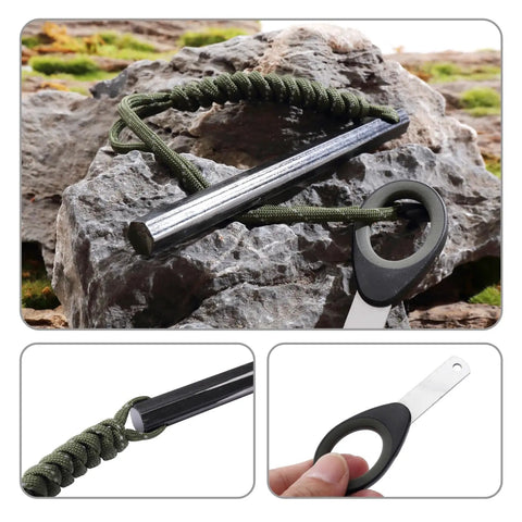 Six Inch Ferro Rod Fire Starter Kit With Paracord Lanyard Handle And Striker on rocky surface, for hiking and camping