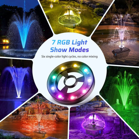 660GPH Pond Filter With RGB Auto Cycle LED Lights And Built In 40W Pump showing 7 unique RGB light show modes and outdoor setups.