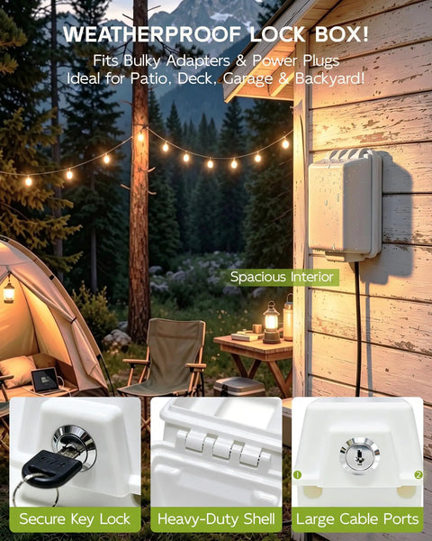 Lockable Waterproof Outdoor Electrical Outlet Cover Box With Key And Drip Proof Weather Shielding For Standard Sockets Built Tough To Block Rain And Dust Solid Two Pack White shown mounted on a wall, ideal for outdoor use.