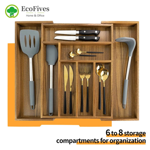 Expandable Acacia Kitchen Drawer Organizer with Grooved Dividers Eight Slot Silverware Tray with utensils inside