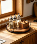 9 Inch Acacia Wood Lazy Susan Turntable with Iron Frame 360 Degree Rotation Grippy Non Slip Base on kitchen countertop