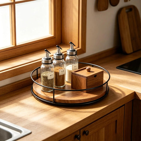 9 Inch Acacia Wood Lazy Susan Turntable with Iron Frame 360 Degree Rotation Grippy Non Slip Base on kitchen countertop