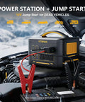 Jump1500X Portable Power Station with 828Wh LiFePO4 battery, shown jump-starting a vehicle engine in snowy landscape