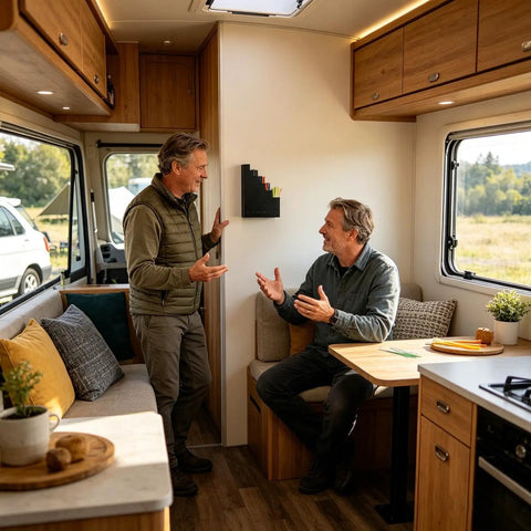 Two people conversing in a cozy RV interior with wooden cabinets and seating area.