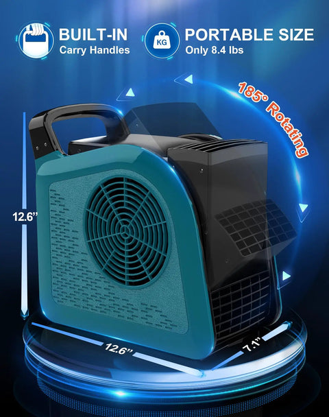 Beast Air Mover Blower Fan For Carpet Drying And Ventilation, 355 CFM high velocity floor fan, blue, side view with dimensions.