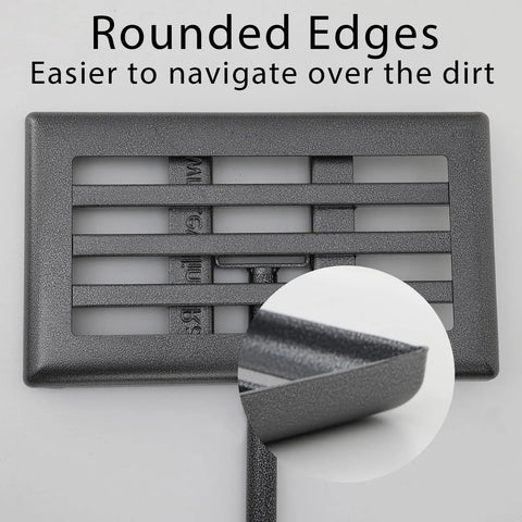 Rounded edges of heavy duty lawn leveling rake ground plate with 17 by 10 inch size for easy no fuss smooth lawn surface.