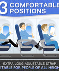 Illustration showing three passengers using Two Pack Airplane Travel Footrest Hammock For Relaxing Your Feet On Long Flights.