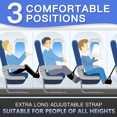 Illustration showing three passengers using Two Pack Airplane Travel Footrest Hammock For Relaxing Your Feet On Long Flights.