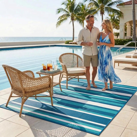 Outdoor Patio Rug 4x6 Ft Waterproof Plastic Straw Style For Deck Garden Backyard poolside with furniture set and couple
