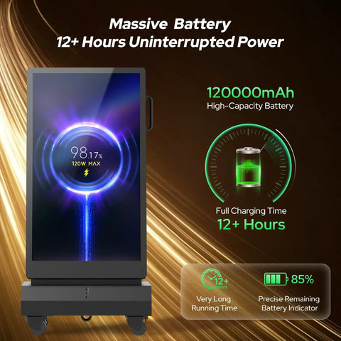 Street Smart 43 Inch Outdoor Double Sided Digital Signage showing battery life indicator and charging details.
