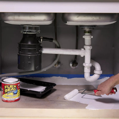 Applying Liquid Rubber Coating Sealant under sink for waterproof flexible UV resistant protection, DIY-friendly 32 oz