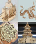 Collage of four laser-cut basswood models: ship, dragon, mandala, pagoda.