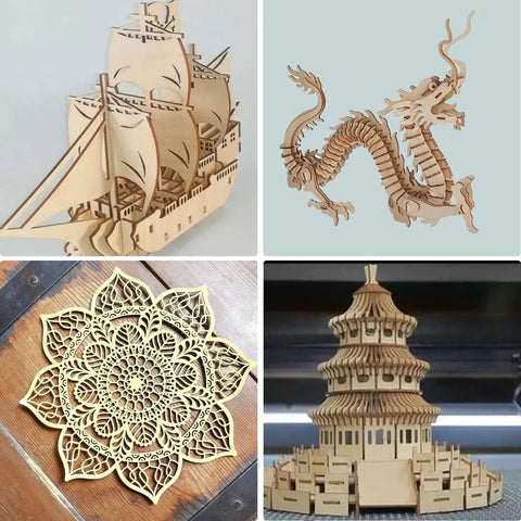 Collage of four laser-cut basswood models: ship, dragon, mandala, pagoda.