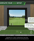 Pro Grade Indoor Golf Simulator Enclosure Kit With Impact Screen And Protective Padding No Fuss Push Pin Setup Complete Practice Bay With Surround Poles And More 8 Ft 4 In By 8 Ft 4 In By 5 Ft in a room with golf mat