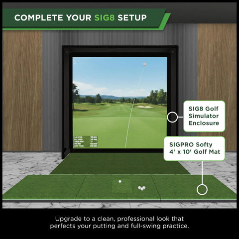 Pro Grade Indoor Golf Simulator Enclosure Kit With Impact Screen And Protective Padding No Fuss Push Pin Setup Complete Practice Bay With Surround Poles And More 8 Ft 4 In By 8 Ft 4 In By 5 Ft in a room with golf mat