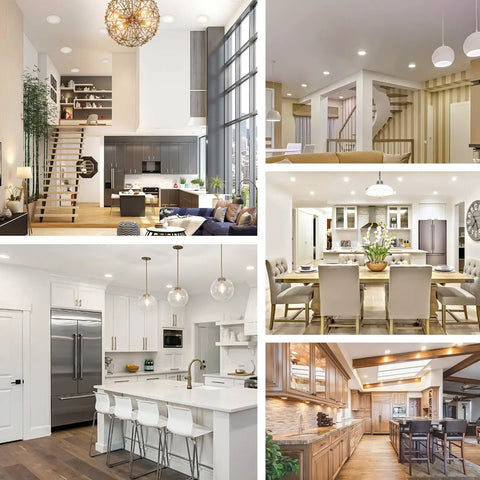 Bright and modern living spaces lit by Heavy Hitter 6 Inch Slim Recessed Led Downlight With Junction Box Ic Rated Dimmable Can Light 5000k Daylight.