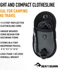 Lightweight Portable Camping And Travel Clothesline For Backpacking Hiking Bike Touring And More Quick To Attach With Hooks And Tensioners No Clothespins Needed Bead Grip Cords Secure Wet Gear Adjustable Length For Any Space in pouch with logo and features