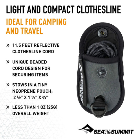 Lightweight Portable Camping And Travel Clothesline For Backpacking Hiking Bike Touring And More Quick To Attach With Hooks And Tensioners No Clothespins Needed Bead Grip Cords Secure Wet Gear Adjustable Length For Any Space in pouch with logo and features