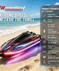 LED Light RC Boat With Dual Brushless Motors, 2 Batteries, 25 KMH Dope Fast Remote Control Racer For Kids And Adults on beach