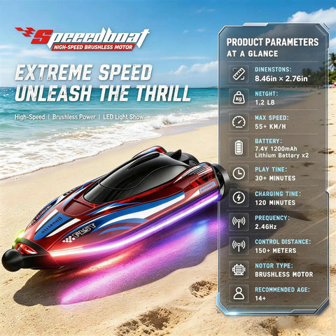 LED Light RC Boat With Dual Brushless Motors, 2 Batteries, 25 KMH Dope Fast Remote Control Racer For Kids And Adults on beach