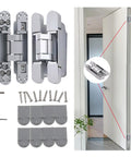 Hidden Door Hinges 6 Inch Heavy Duty Concealed Zinc Alloy 180 Degree Swing 3 Way Adjustable Butt Hinge For Secret Doors Low Profile Stealth Design Invisible Door Hardware Silver 2 Pack displayed with installation accessories and example door application