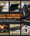 Fireproof Document Safe Bag With Lock For Home Travel And Office Water Resistant Triple Layer Heat Shield Fits Laptop Tablet And Cards Multi Pocket Organizer 15 By 11 By 4.1 Inches protecting various items like passports and electronics.
