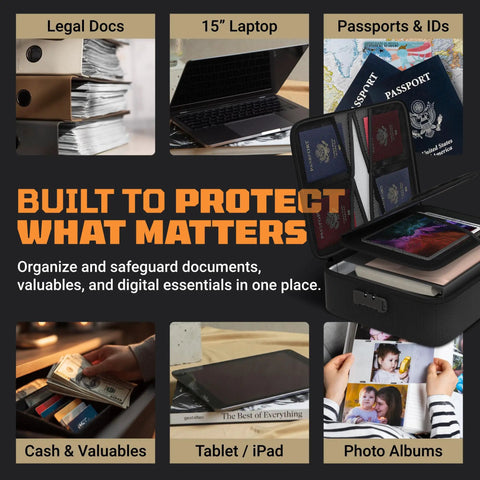 Fireproof Document Safe Bag With Lock For Home Travel And Office Water Resistant Triple Layer Heat Shield Fits Laptop Tablet And Cards Multi Pocket Organizer 15 By 11 By 4.1 Inches protecting various items like passports and electronics.