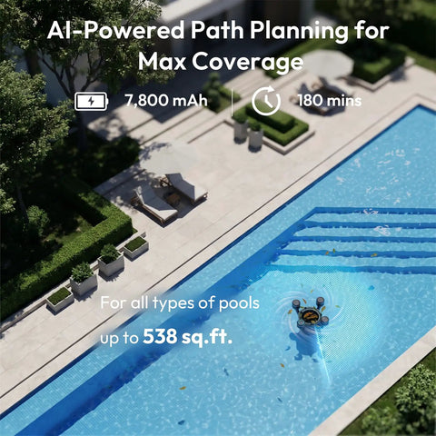 AI-powered V5 Pool Skimmer Robot cleaning a modern pool; Make Pool Cleanup A Breeze With This V5 Skimmer Robot For In-Ground And Above-Ground Pools, App Control, AI Navigation, Dual Cleaning Modes, 5L Large Filter, Handles Leaves, Oil, Sand And Debris Like A Boss, Dark Gray