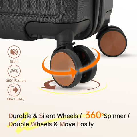 Close-up of 360-degree spinner wheels on Carry On Luggage With Spinner Wheels That Fits 22 By 14 By 9 Inches, Airline Approved Hard Shell Carry On.