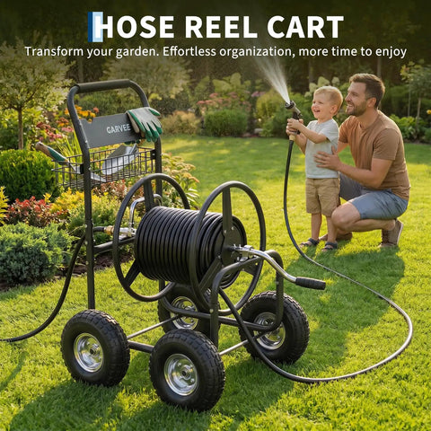 Grab And Go Mobile Garden Hose Reel Cart With Wheels Holds Up To 300 Feet Of Five Eighth Inch Hose Heavy Duty Water Reel With Storage Basket
