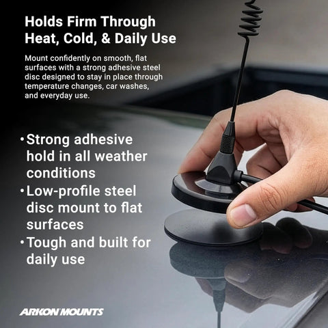 90mm VHB Adhesive Steel Disk For Trucks Tractors And Cars With Magnetic Antenna CB Radio Mount Heavy Duty Adhesive Mounting Disk Weather Resistant Beefy Grip Reliable And Durable APM893M shown mounted on a vehicle surface.