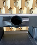 Close-up of 4-Inch Odor Eliminator Adapter Fume Extractor for E1 UV Printer in black high-temp PETG for venting.