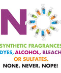 Circle of cleaning bottles with 'No Synthetic Fragrances, Dyes, Alcohol, Bleach, or Sulfates' text emphasizing natural ingredients.