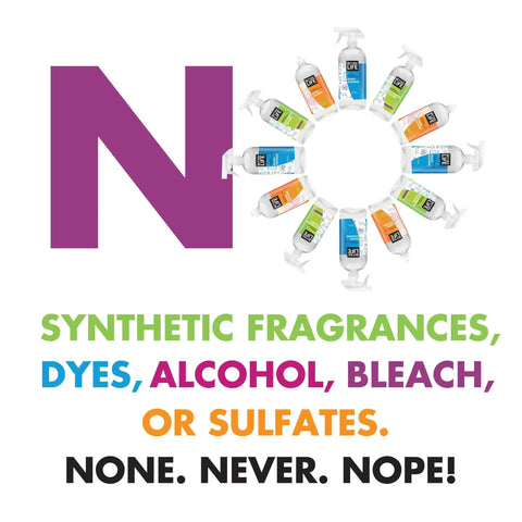 Circle of cleaning bottles with 'No Synthetic Fragrances, Dyes, Alcohol, Bleach, or Sulfates' text emphasizing natural ingredients.