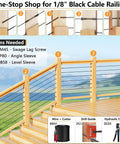 Cable railing kit with wooden posts and tools, Rugged And Ready Heavy Duty 100 Pack Left And Right Handed T316 Stainless Steel Swage Lag Screws For Wood Posts One Eighth Inch Black Cable Railing Kit With Wrench Included For Deck, Stair Railing And DIY Baluster Projects.