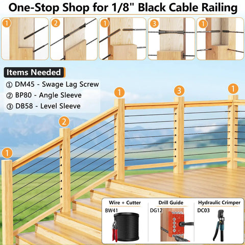 Cable railing kit with wooden posts and tools, Rugged And Ready Heavy Duty 100 Pack Left And Right Handed T316 Stainless Steel Swage Lag Screws For Wood Posts One Eighth Inch Black Cable Railing Kit With Wrench Included For Deck, Stair Railing And DIY Baluster Projects.