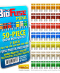 Image of Straight Up Heavy Duty Mini Blade Fuse Kit With Puller 50 Piece Automotive Electrical Repair Assortment in a plastic case.